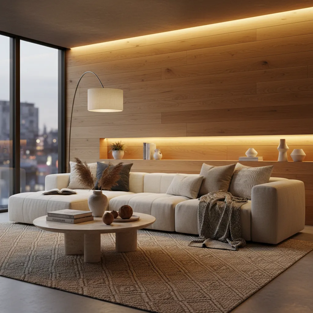 Modern living room with wooden wall panels beige sofa tall floor lamp and coffee table