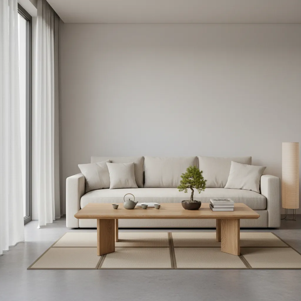 salón minimalista con una mesa de centro de estilo japonés