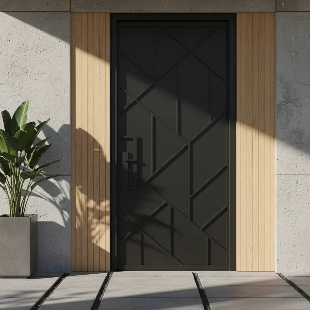 Modern black door with geometric pattern wood wall panels concrete wall and green plant in pot