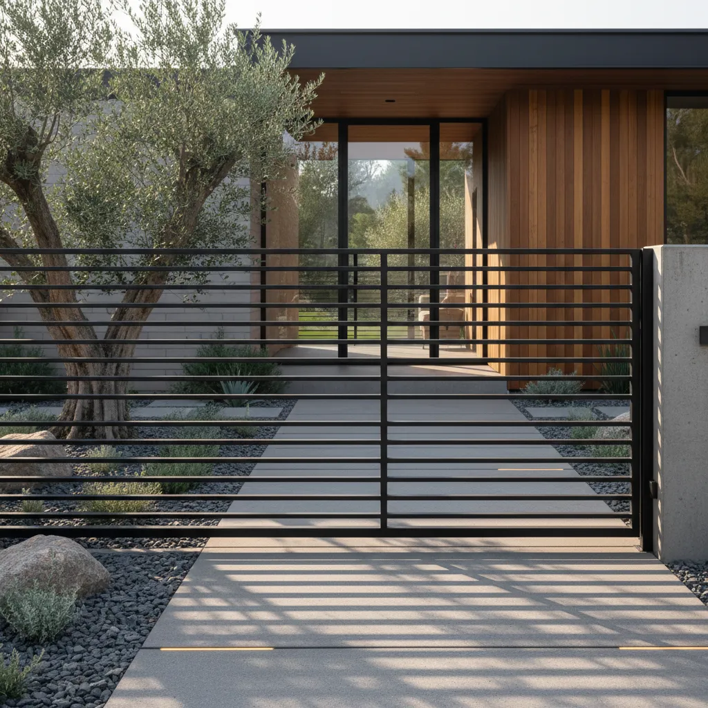 Verja de hierro moderna con líneas horizontales en casa contemporánea