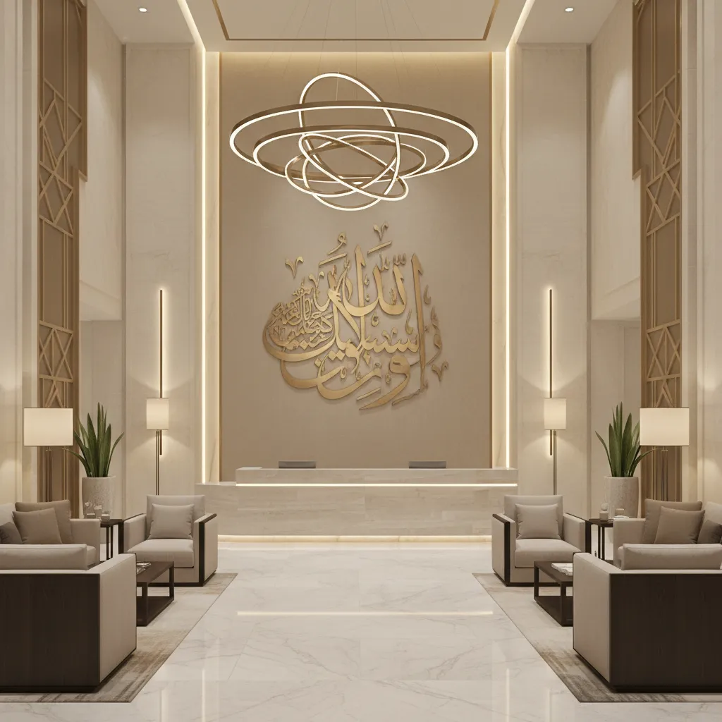 Modern hotel reception interior featuring minimalist Ayatul Kursi calligraphy wall art