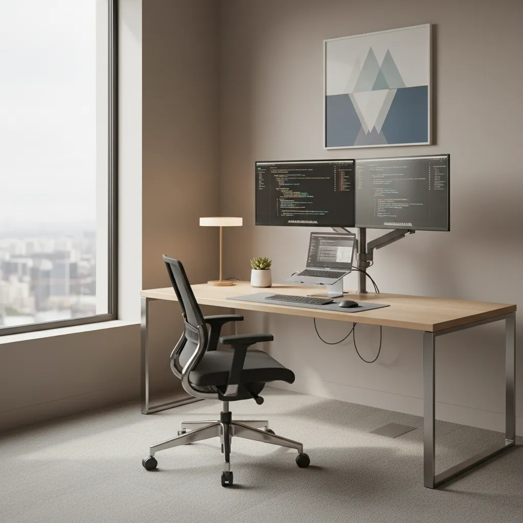 modern IT office cabin desk with dual monitors and organized workspace