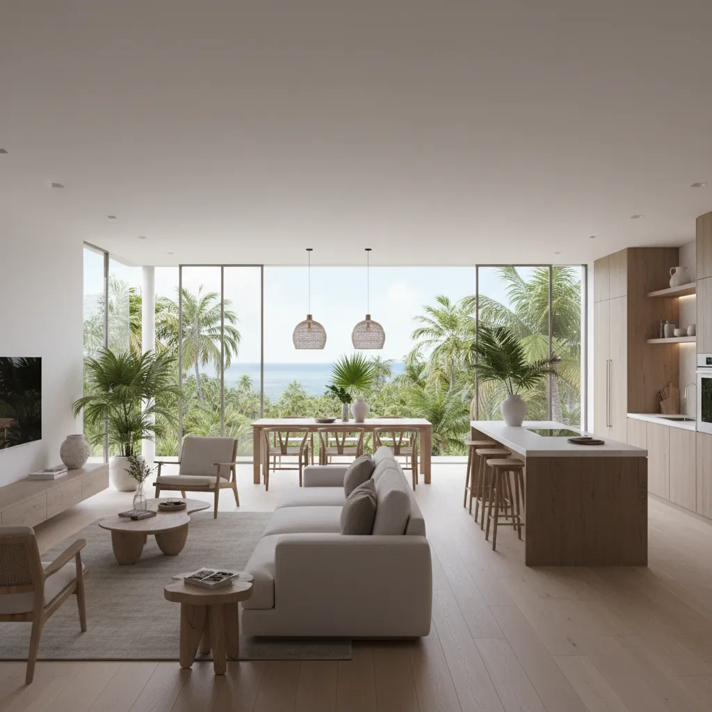 modern Jamaican open plan living room kitchen with large windows and tropical light