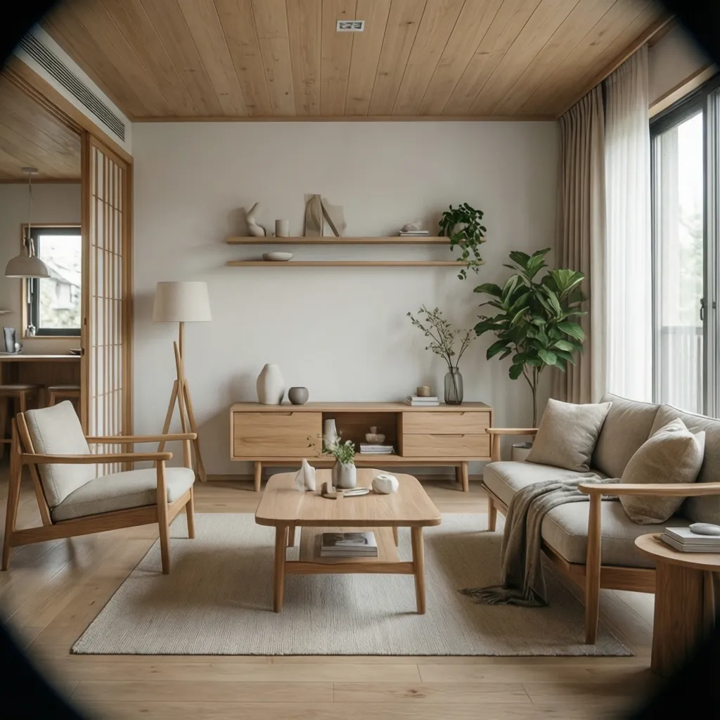 Japandi living room with wooden ceiling, beige sofa, floor lamp, and light wood coffee table