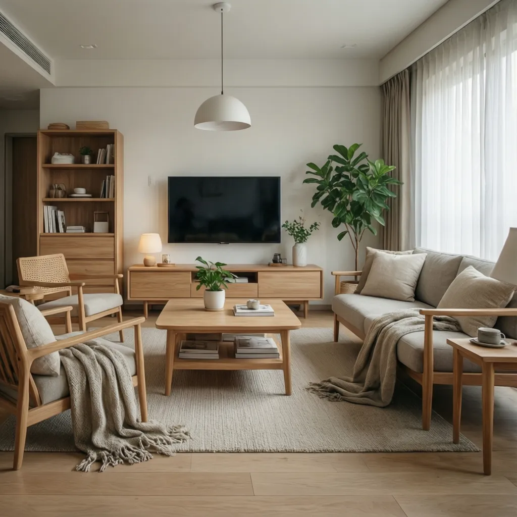 Interior moderno inspirado en estética japandi con madera clara