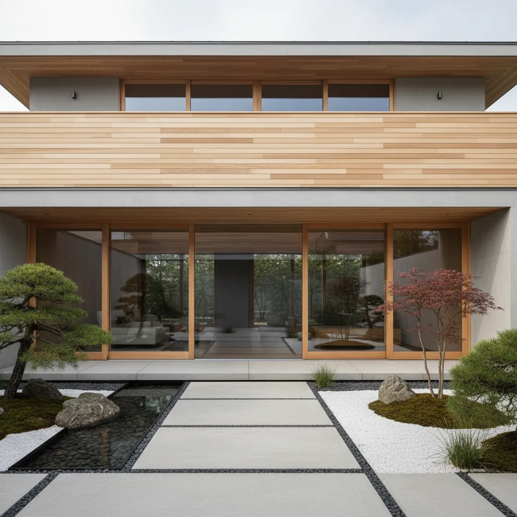 Modern Japanese house exterior with wooden wall panels large windows and garden with small trees