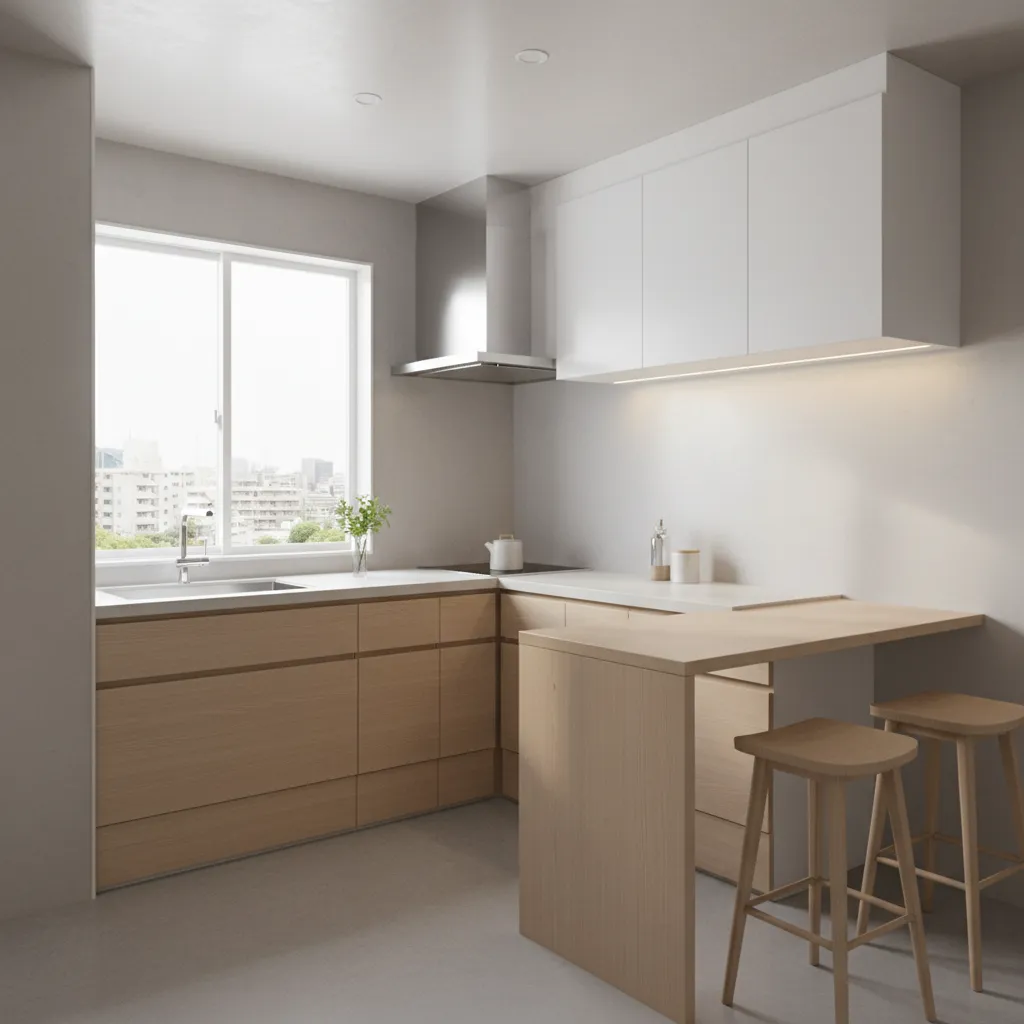 Modern Japanese kitchen interior with compact layout and minimalist design