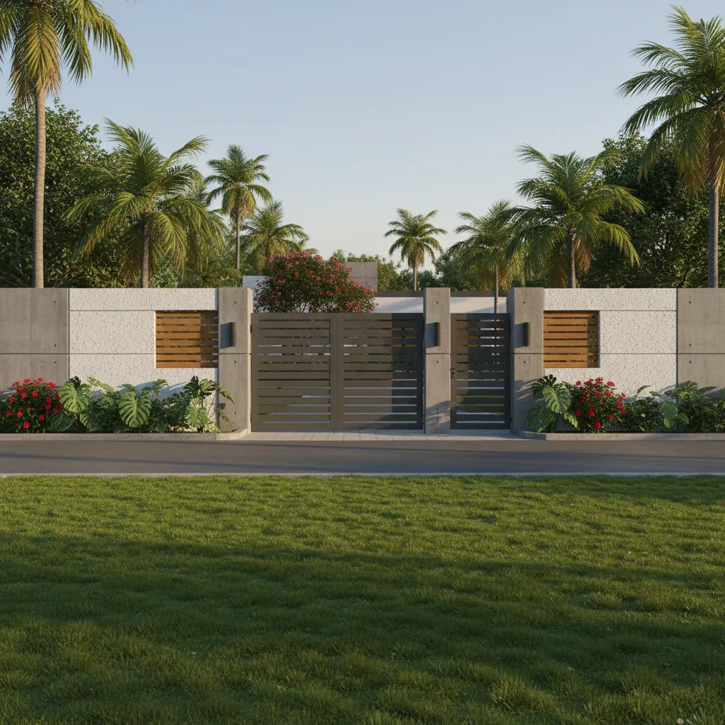 Modern Kerala compound wall with aluminum gate and concrete structure