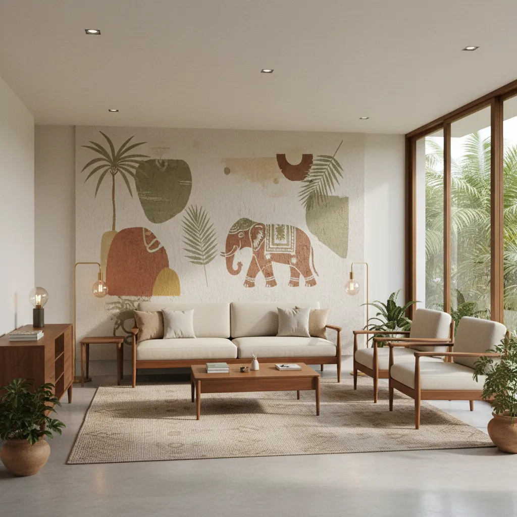 Modern Kerala living room combining traditional wood and minimalist decor