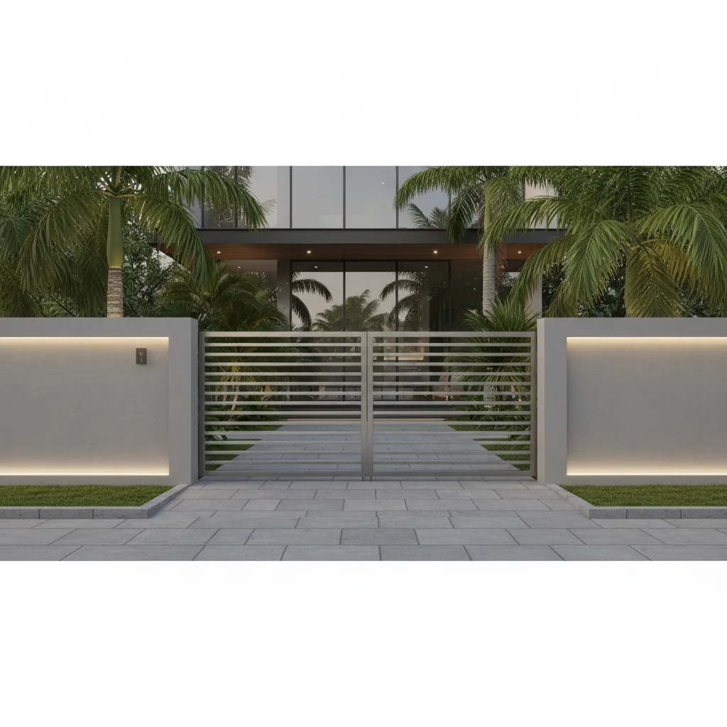 Modern minimalist steel gate with smooth concrete compound wall in Kerala home