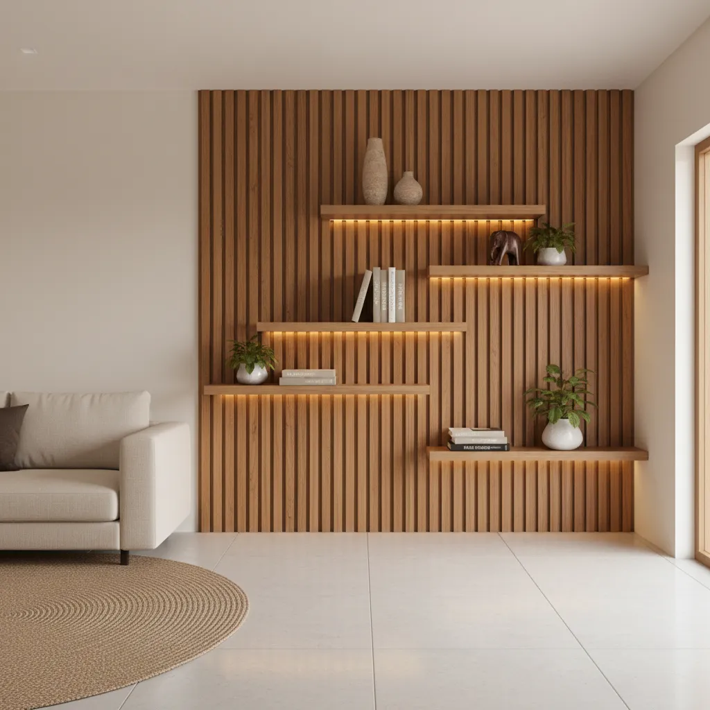 Modern Kerala style showcase wall with wooden slats and lighting