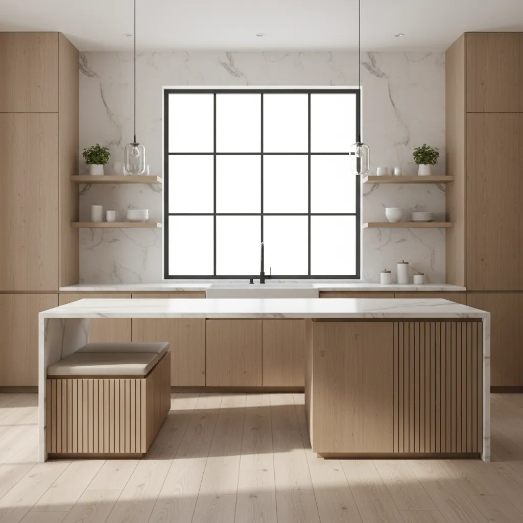 Render 3D de una cocina moderna con iluminación natural