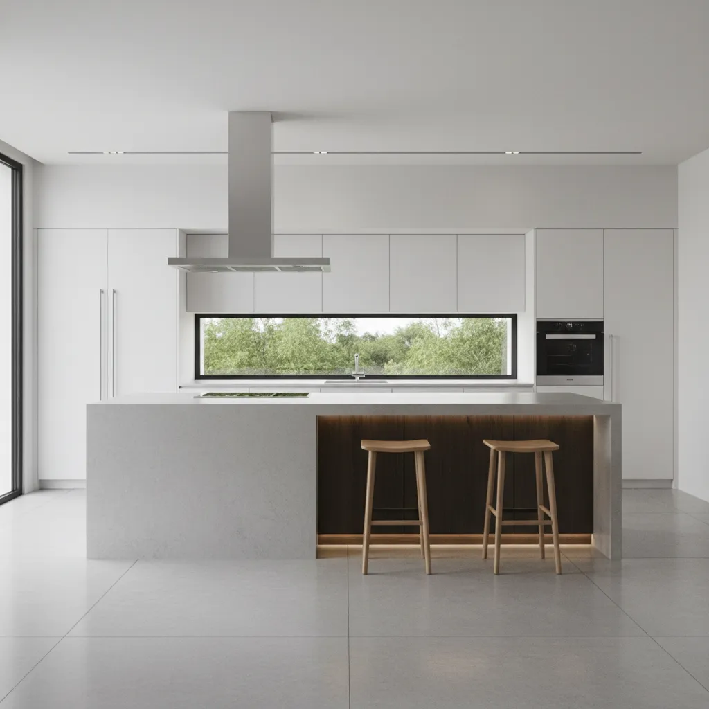 Modern kitchen island layout designed for airflow and ventilation