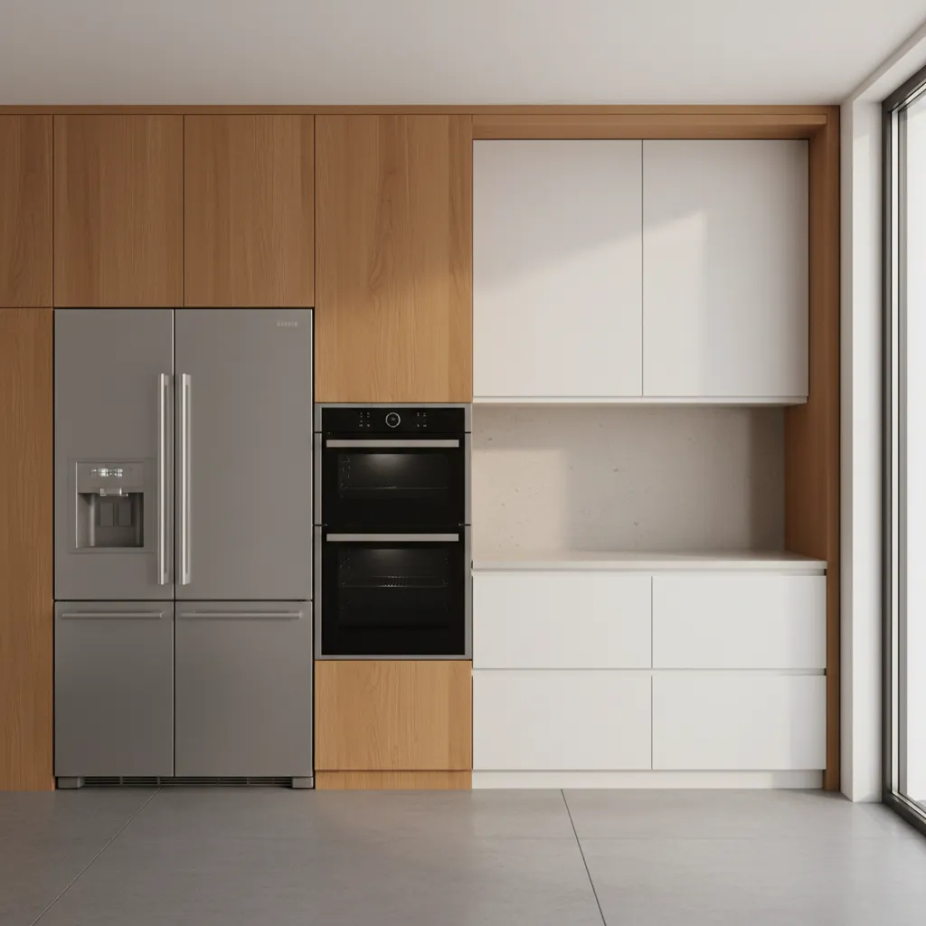 Contemporary kitchen with refrigerator and wall oven in tall cabinet layout