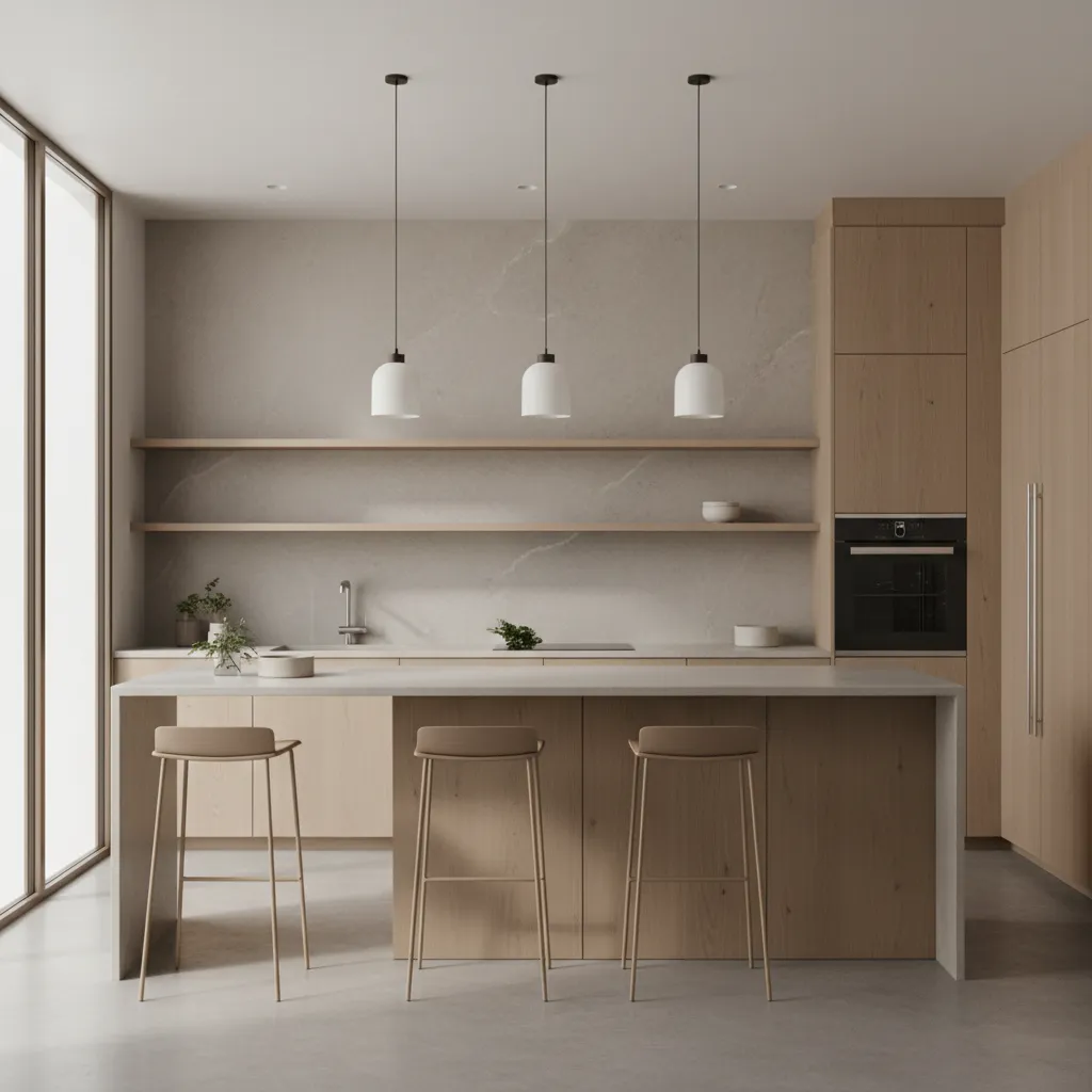 Modern kitchen with minimal floating shelves and large slab backsplash