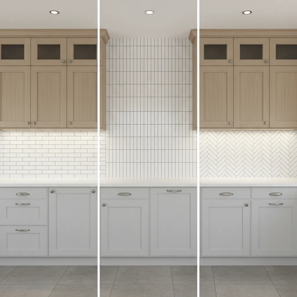 comparison of subway, stacked, and herringbone backsplash tile patterns in a kitchen