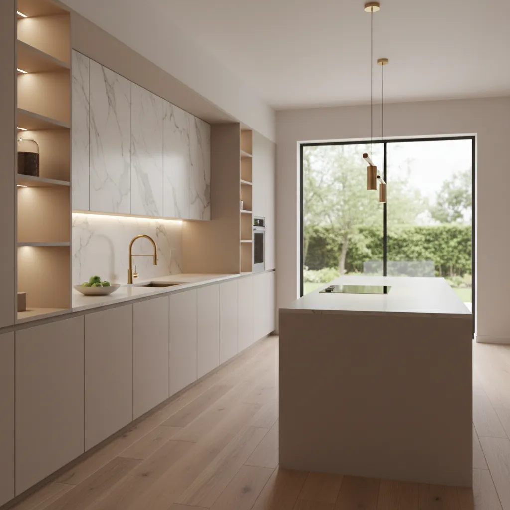 Minimal styled kitchen countertop with elegant backsplash and brass faucet