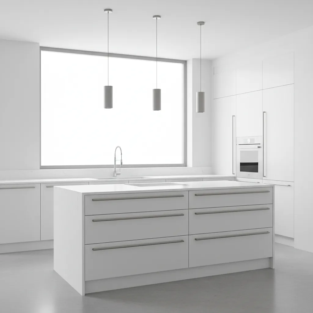 Modern kitchen cabinets with long stainless steel bar handles on flat panel doors