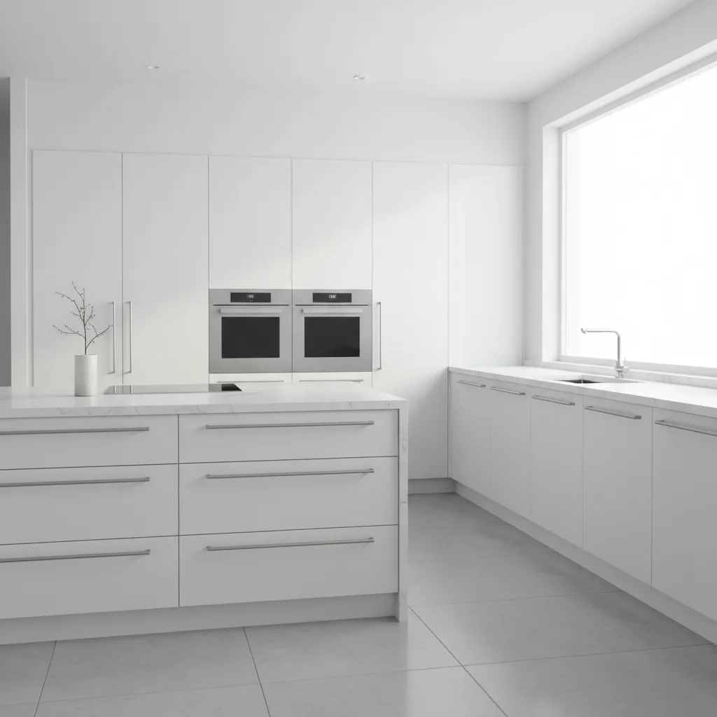 Modern kitchen cabinets with long bar pull hardware