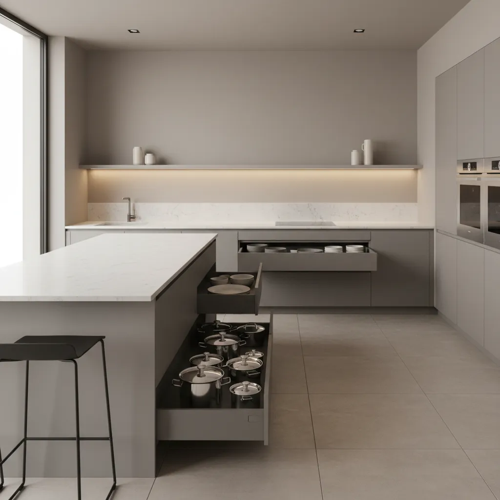Modern kitchen with deep base cabinets and drawers for cookware storage