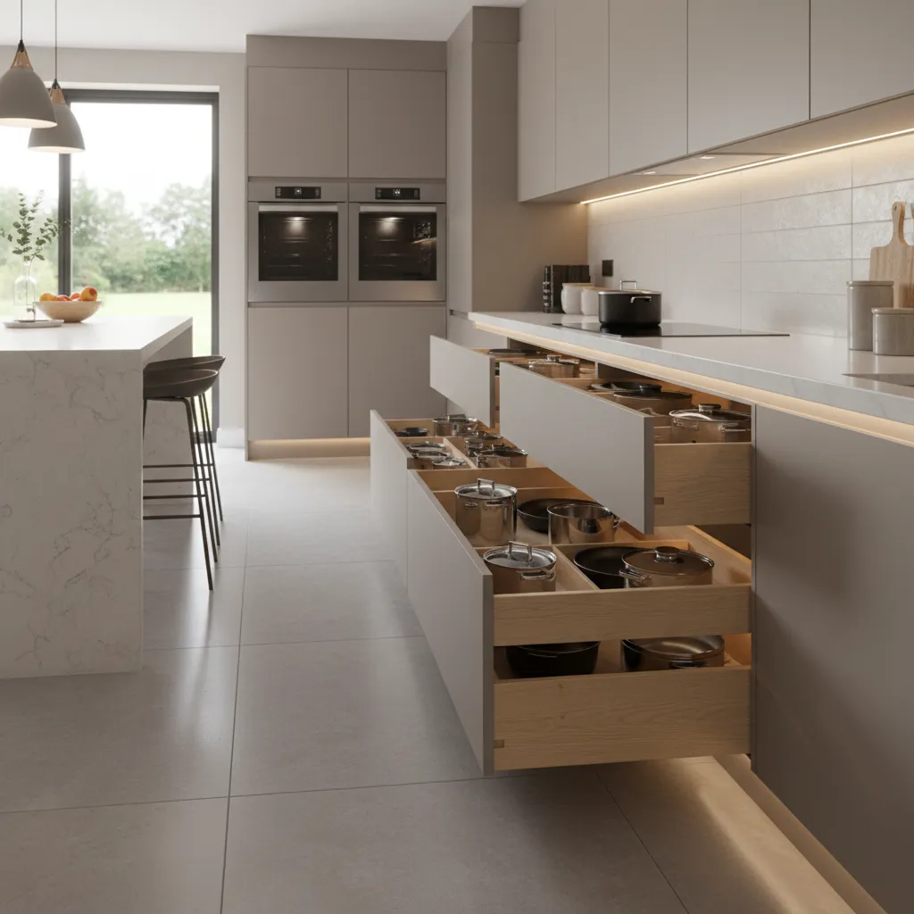 Modern kitchen island and cabinets with open drawers storing many metal pots and pans inside