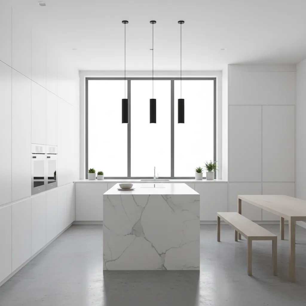 Modern kitchen with black pendant lights above white island
