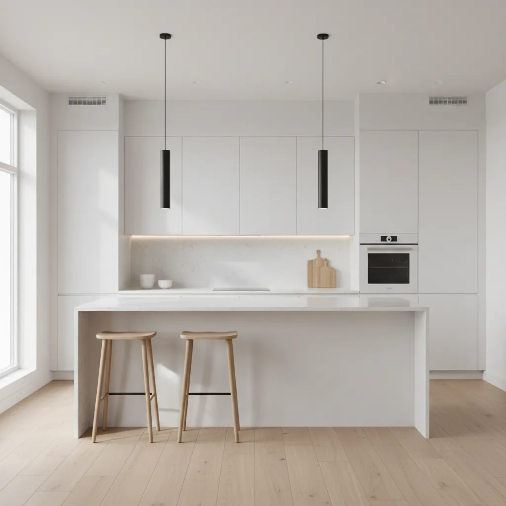 bright modern kitchen with black pendant lights above island