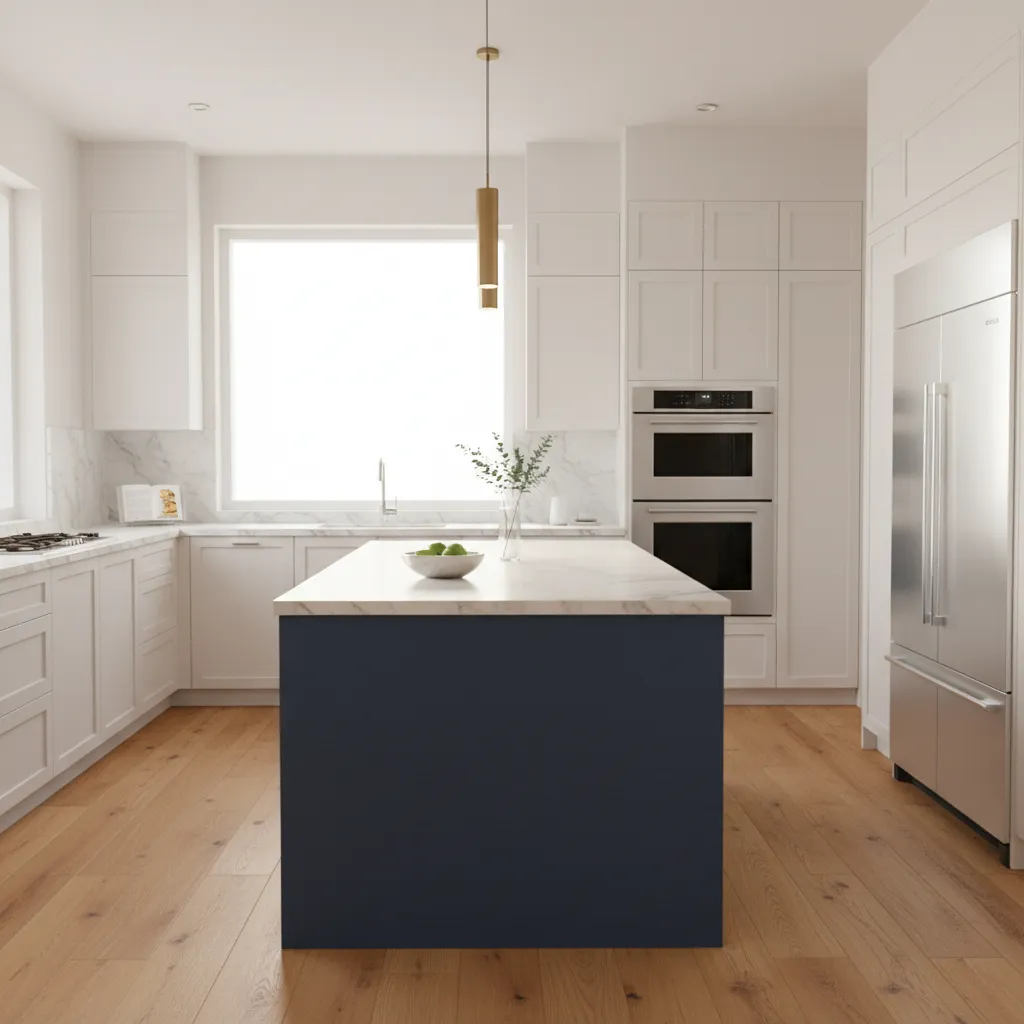 Modern kitchen with blue accent island and neutral cabinets