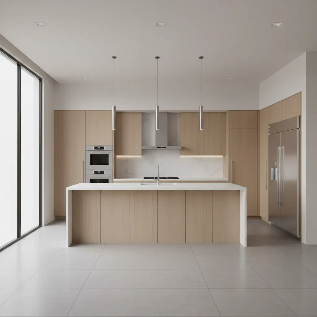 mid range modern kitchen with island quartz countertops and wood cabinets
