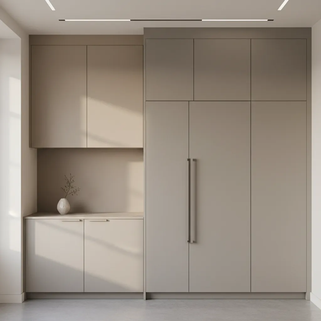 Modern kitchen cabinetry wall with built-in refrigerator integrated flush with cabinets
