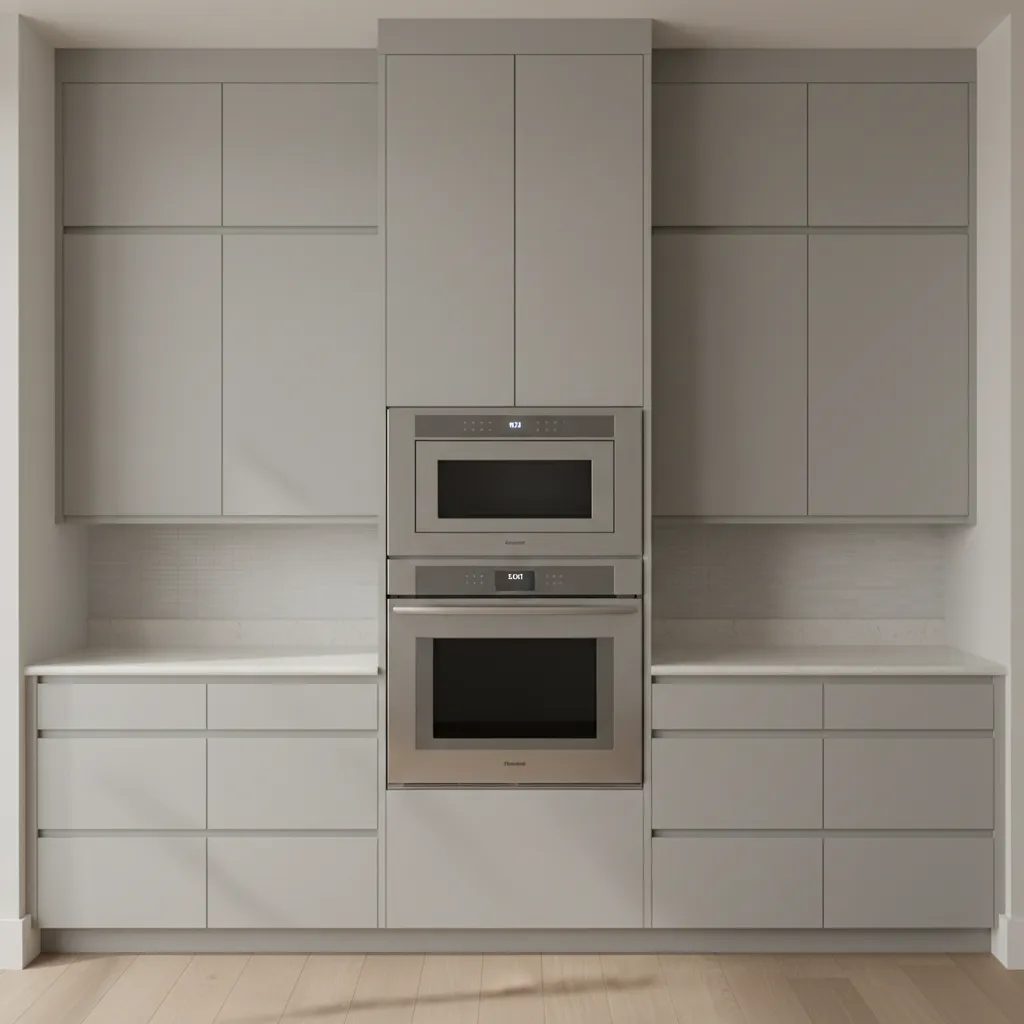 Modern kitchen wall with balanced cabinet elevation and integrated appliances