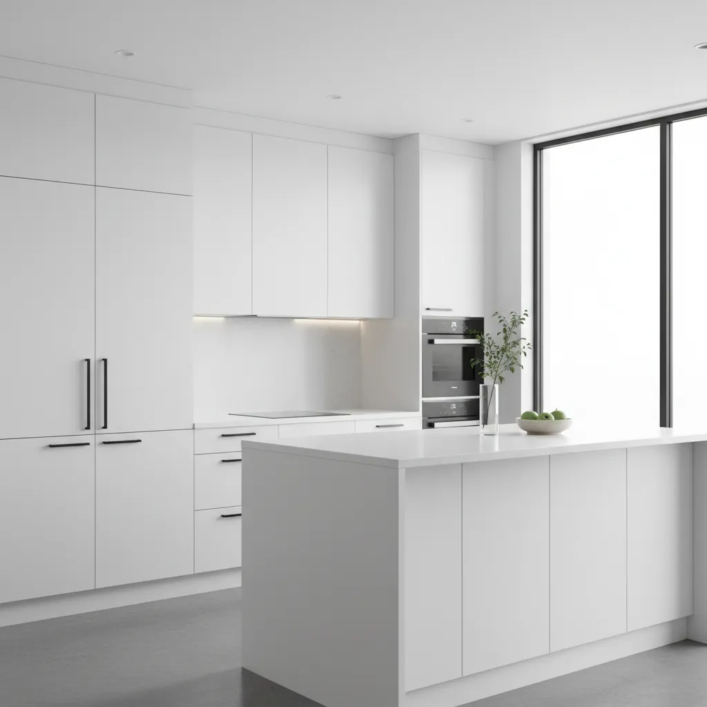 modern kitchen cabinets with slim black bar handles on flat panel doors