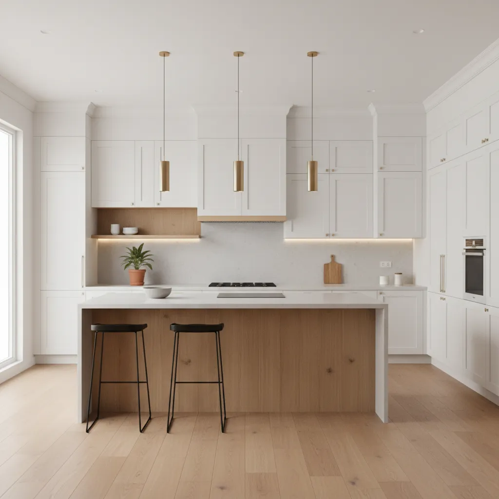 Modern kitchen with balanced cabinet layout and island workspace