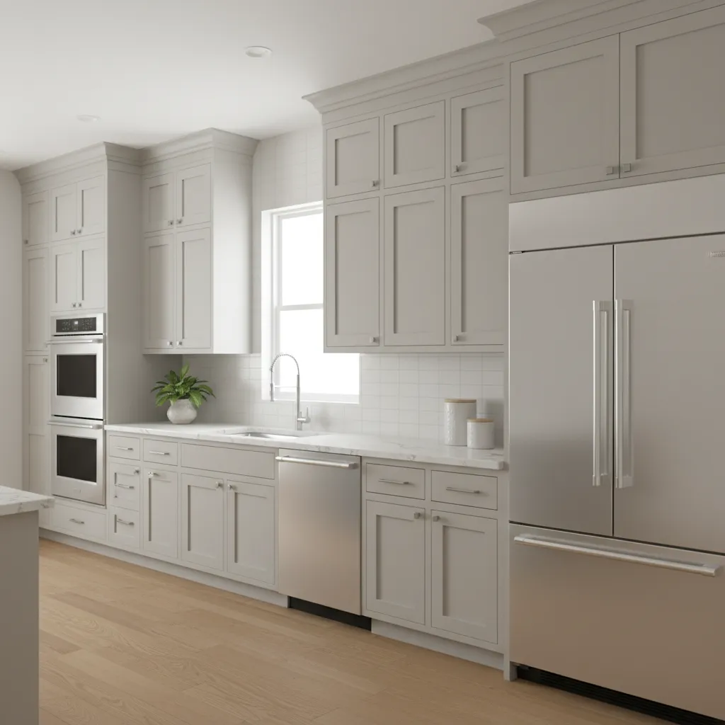modern kitchen cabinet wall run showing upper and lower cabinets used to measure linear footage