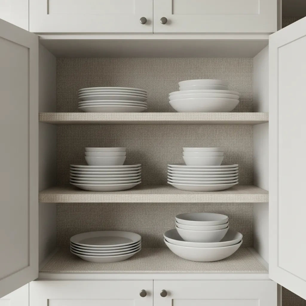 Kitchen cabinet interior with protective shelf liner installed