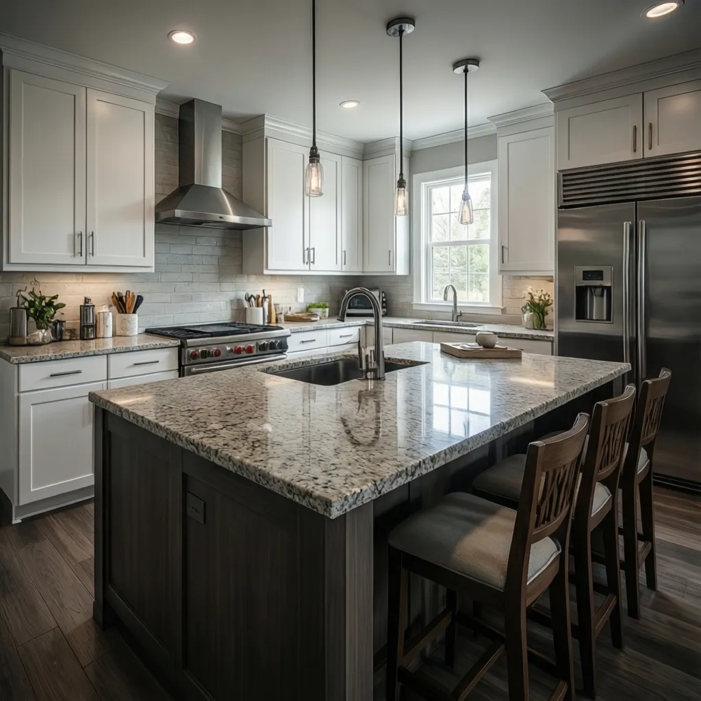 modern kitchen with white cabinets and quartz countertops