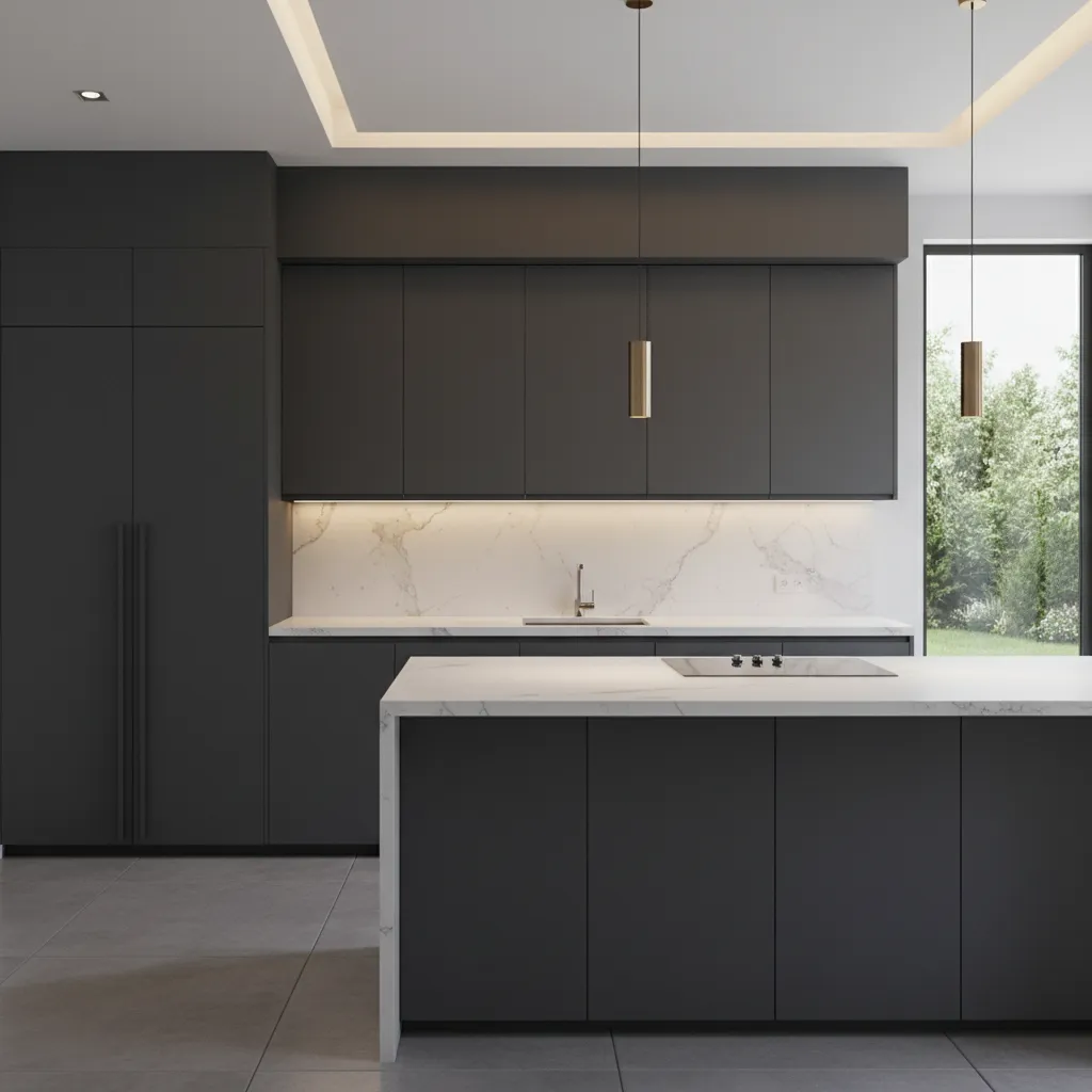 Modern kitchen with cabinets reaching the ceiling and no cabinet gap