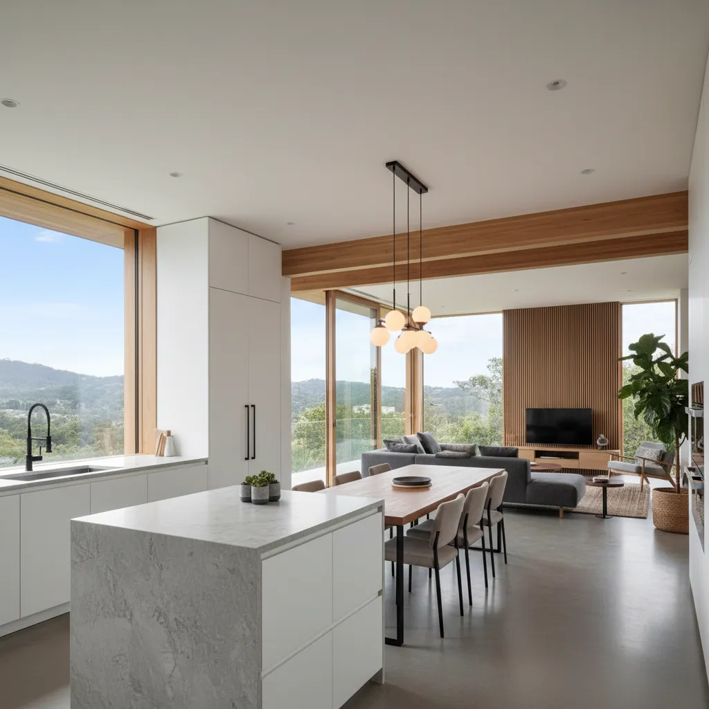 Open plan kitchen and living room with marble island wooden dining table and large windows