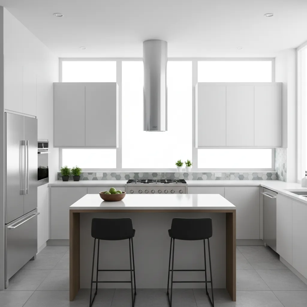 Kitchen chimney centered above gas cooktop in modern kitchen