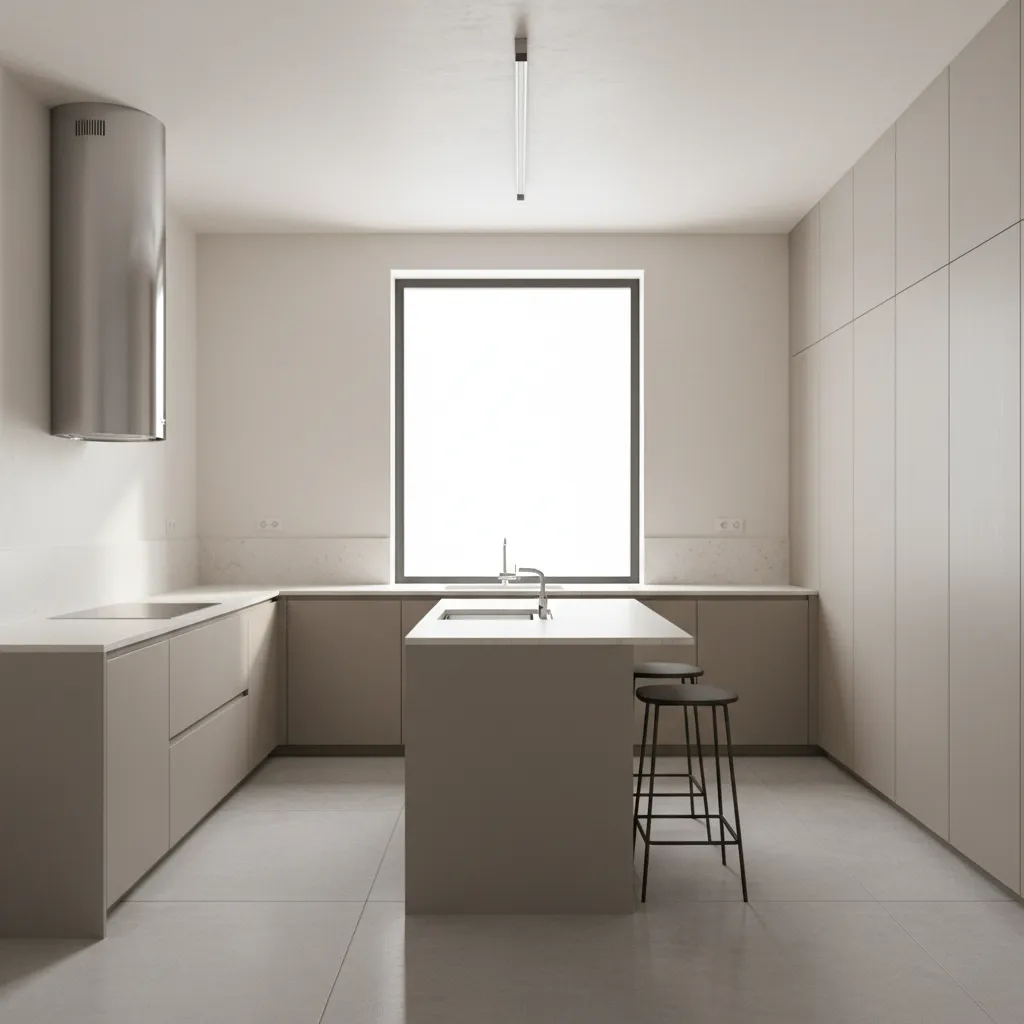modern kitchen with clean stainless steel chimney hood above stove