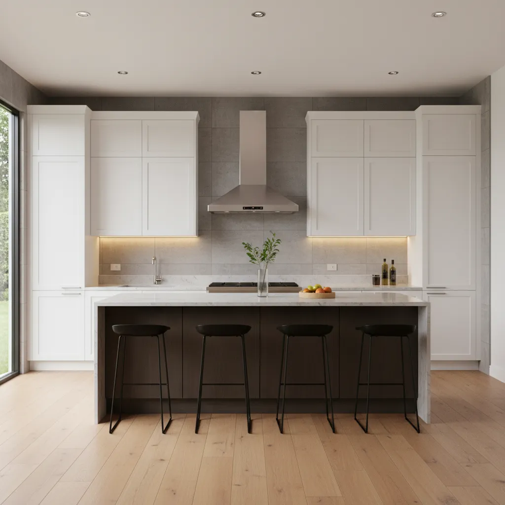 Stylish kitchen chimney integrated with balanced cabinet layout