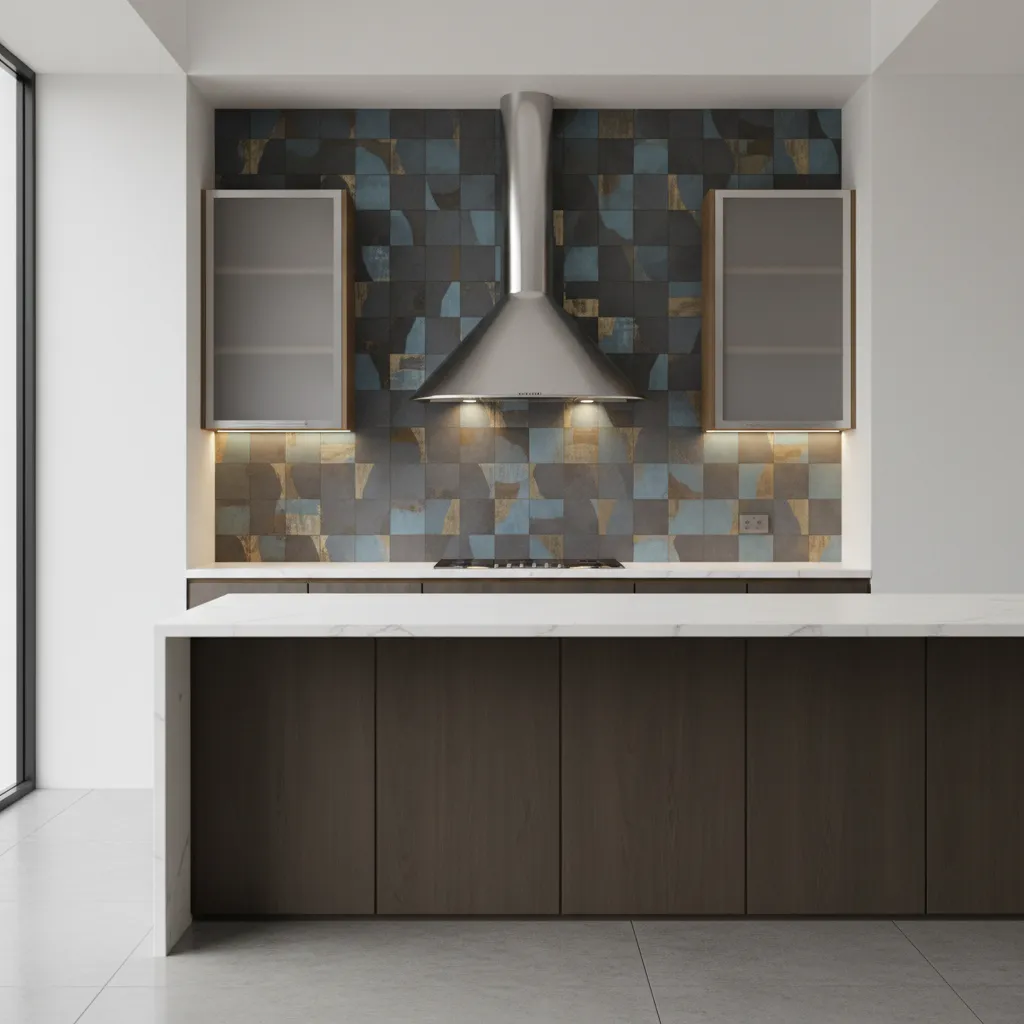 modern kitchen chimney with accent backsplash and cabinets