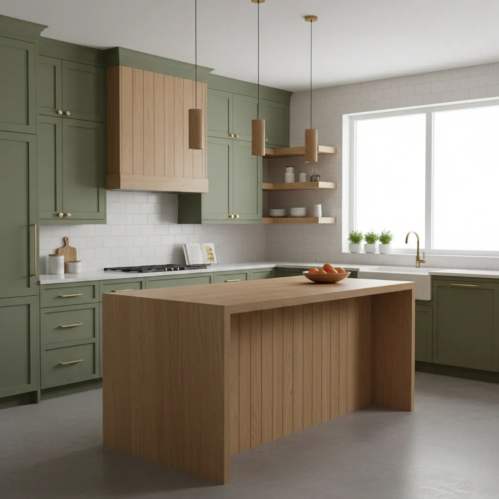 Cocina moderna con gabinetes verde oliva y encimera clara