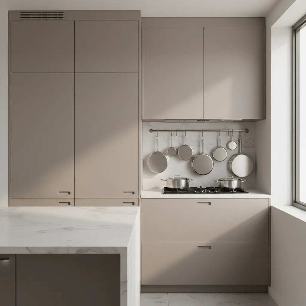 Modern kitchen with cookware hanging on wall hooks beside stove
