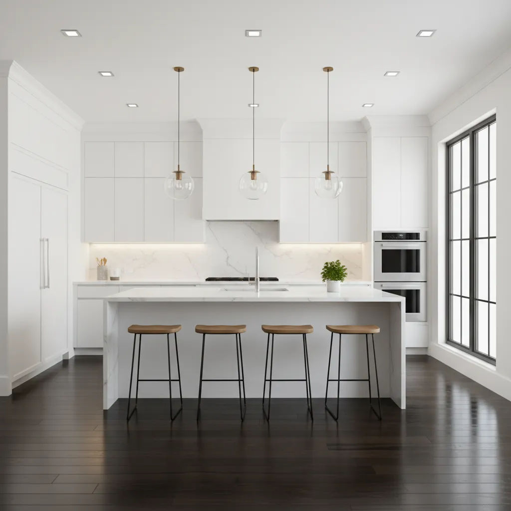 modern kitchen interior with dark floor and bright layered lighting
