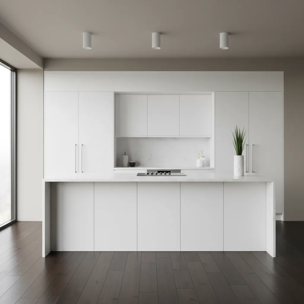 Modern kitchen with white cabinets and dark floor creating strong visual contrast
