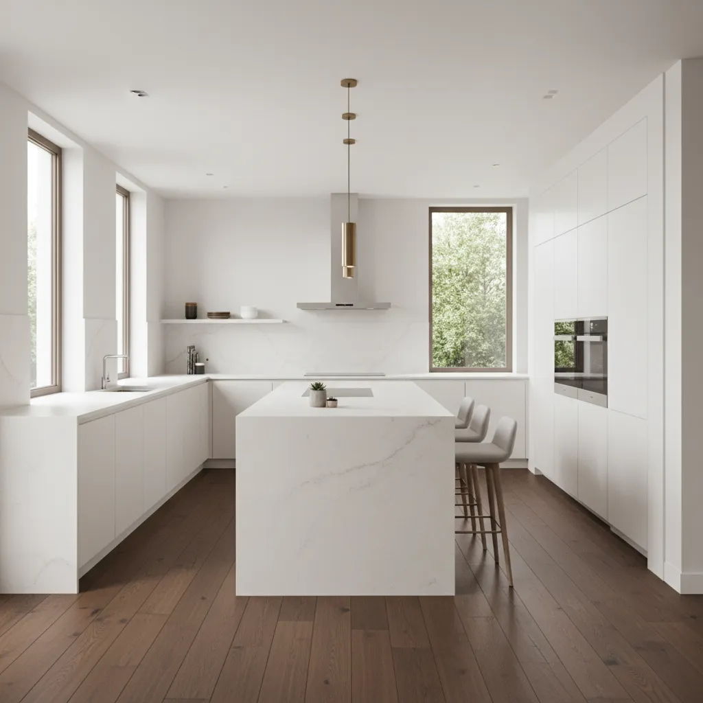 Modern kitchen with dark wood floors and white cabinets