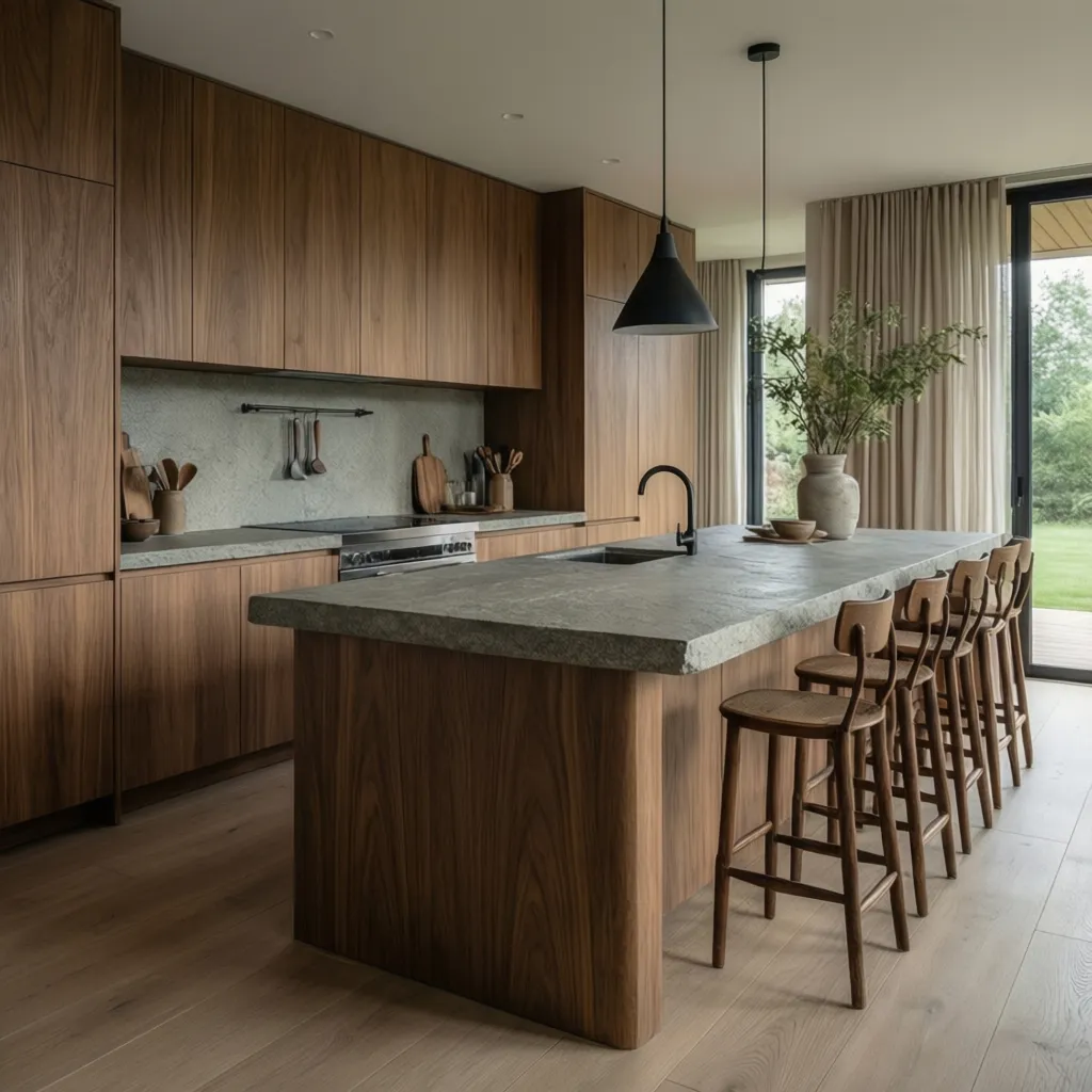 Modern kitchen with wood cabinets, stone island, tall wooden stools, black ceiling light, and curtains