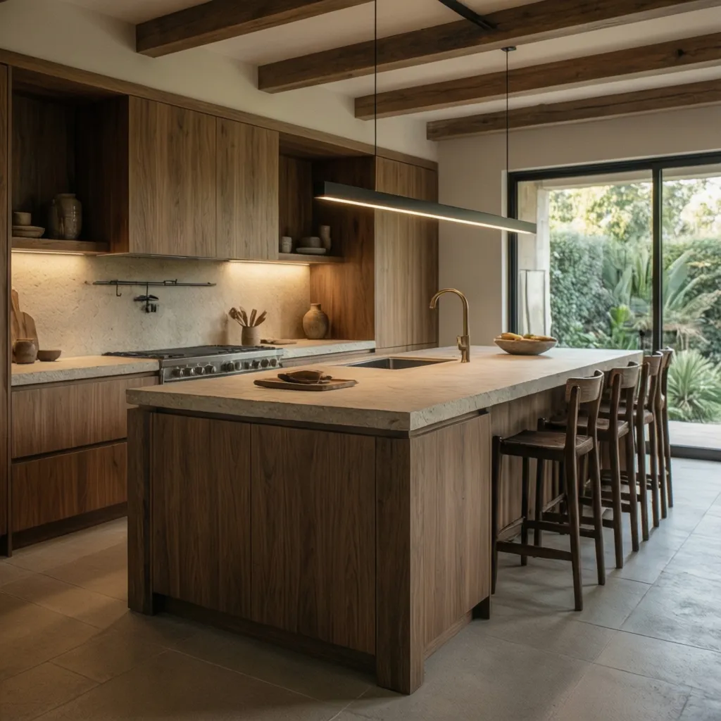 Modern wooden kitchen with large island breakfast bar black ceiling light and stools near big window