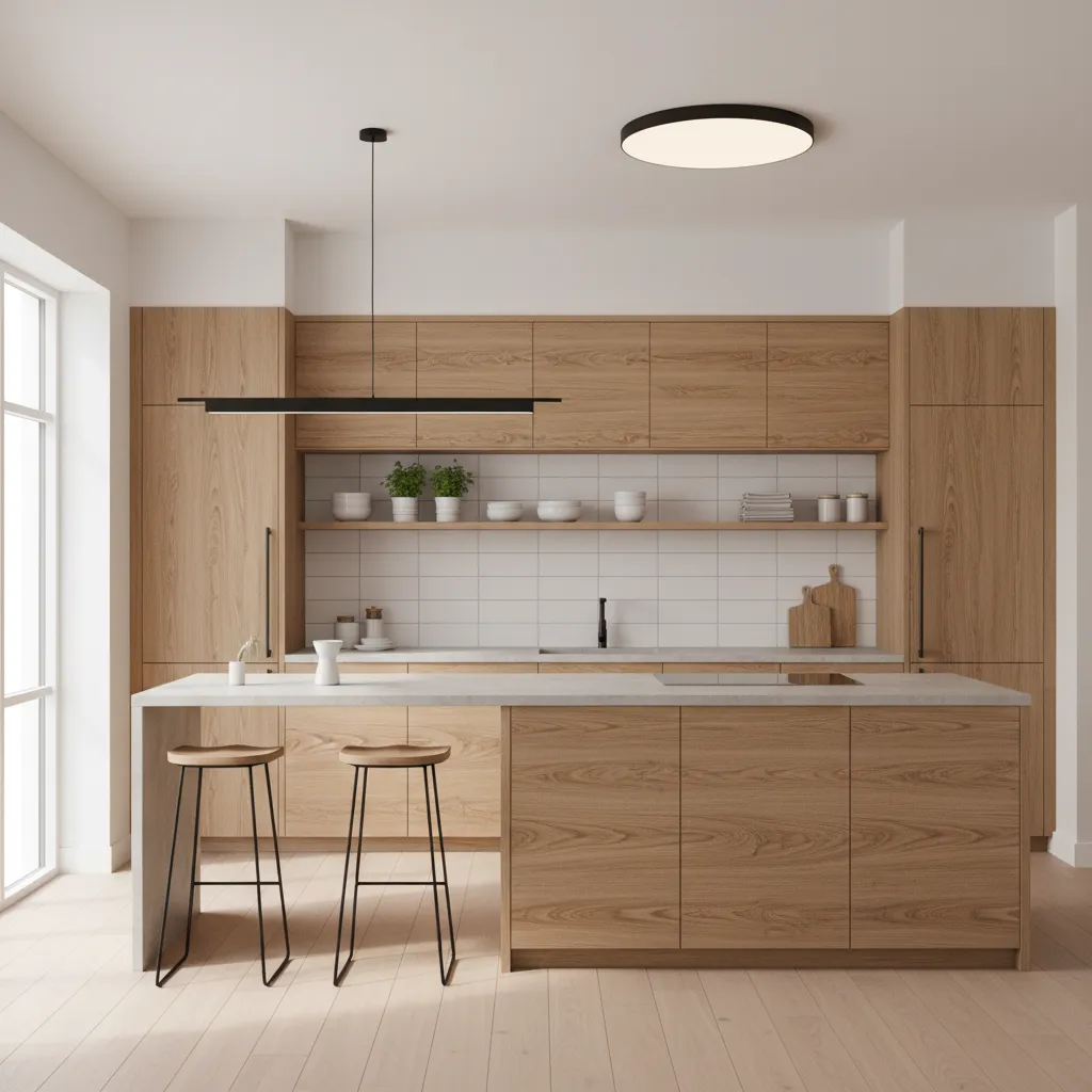 Contemporary kitchen with wood texture cabinet skins and open shelving